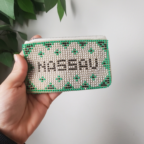 Beaded Nassau Coin Purse Green and White Seed Bead Pouch - Picture 3 of 12